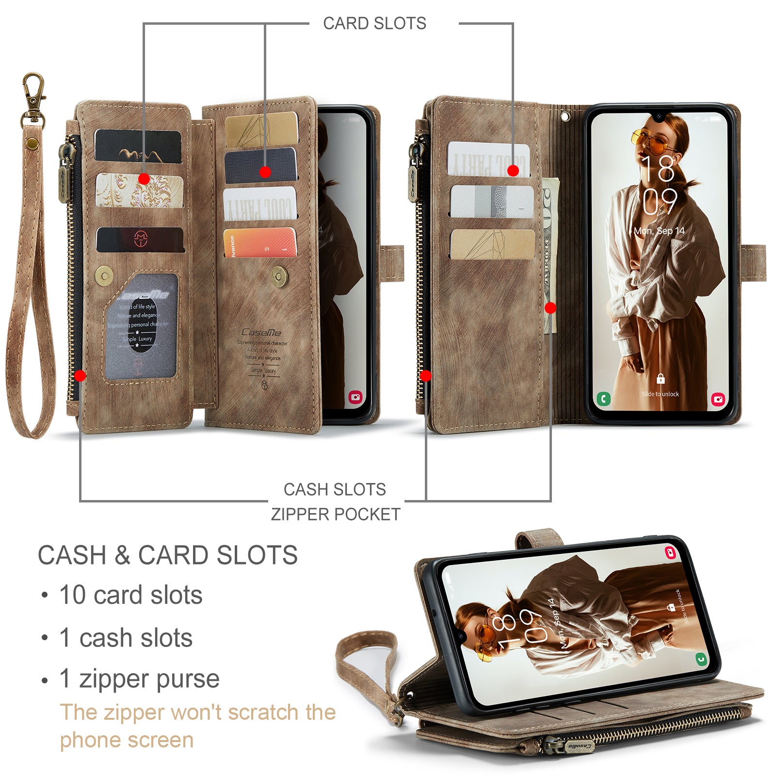 For Samsung Galaxy A16 5G / A16 4G Case CASEME C30 Series PU Leather 10 Card Slots Wallet Phone Cover - Brown For Samsung Galaxy A16 5G / A16 4G Case CASEME C30 Series PU Leather 10 Card Slots Wallet Phone Cover - Brown